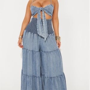Free spirit washed chambray jumpsuit